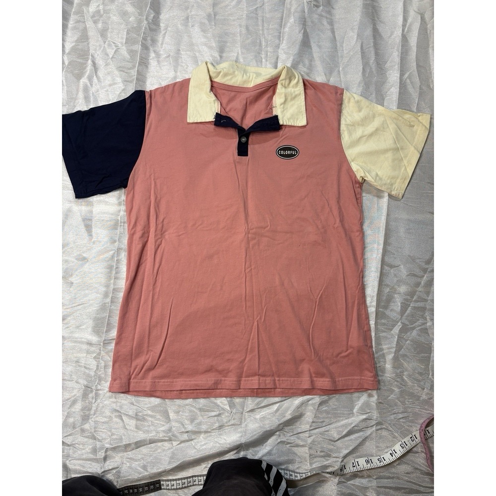 Colorful Men's M Pink Cream Navy Colorblock Cotton Short Sleeve Polo Shirt